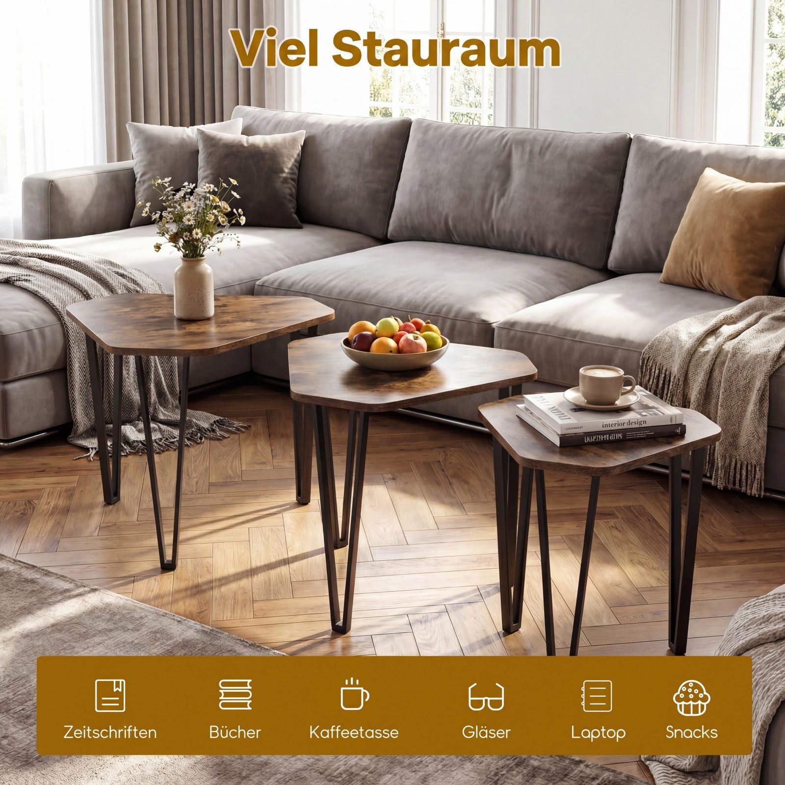 COSTWAY Beistelltisch (3er Set), Satztisch Couchtisch in 3 Größen platzsparend Stahl
