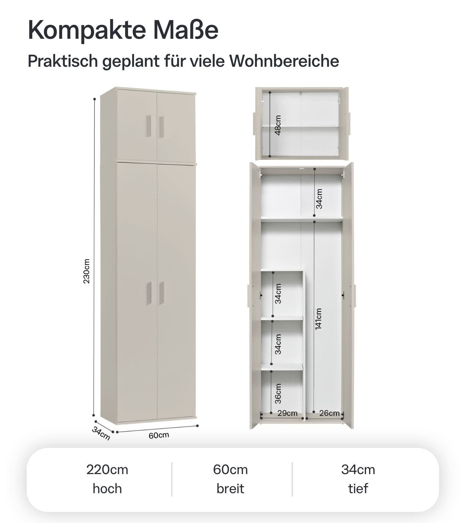 mokebo Mehrzweckschrank Der Extralange (60x230 cm) Made in Germany, Besenschrank, Putzschrank, Flurschrank in Beige – Bild 4 von 5