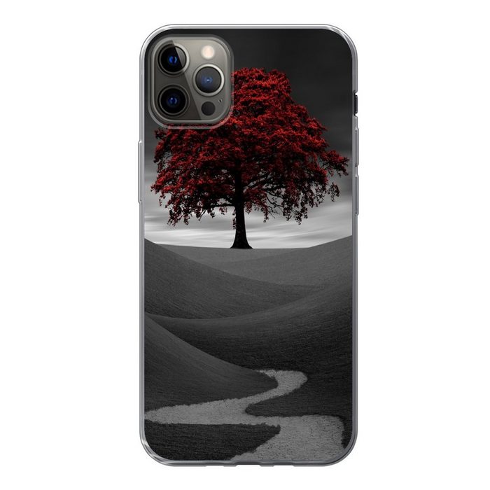 MuchoWow Handyhülle Schwarz-Weiß-Foto mit einem roten Baum Handyhülle Apple iPhone 13 Pro Max Smartphone-Bumper Print Handy
