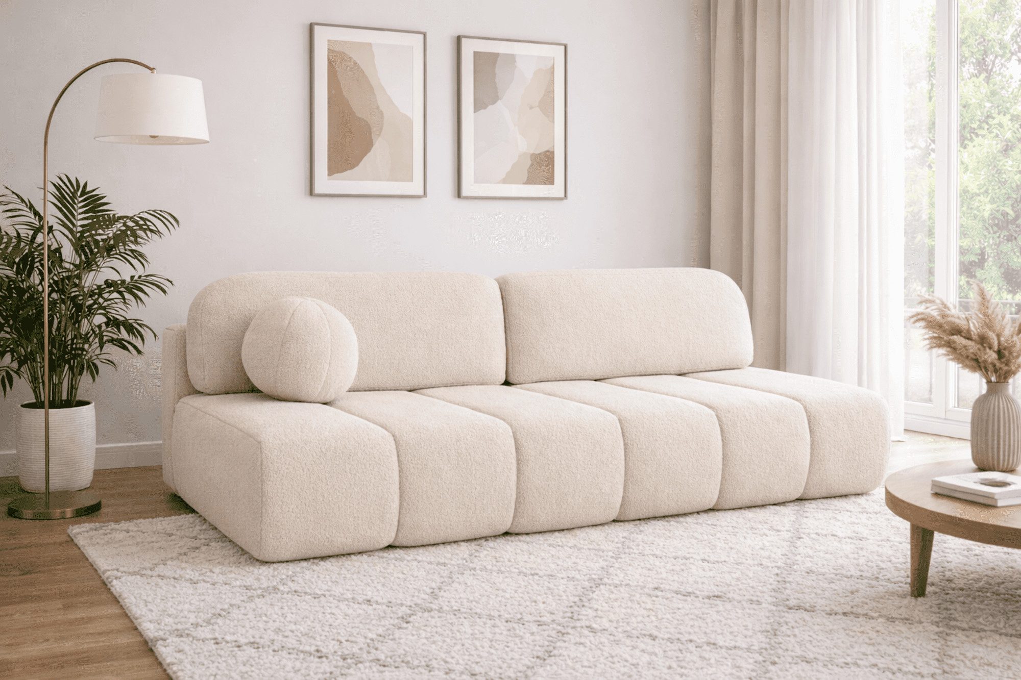 MOEBLO Sofa Fluffy aus Bouclé, Bequemes Sofa mit Schlaffunktion und Stauraum, Stilvollem Bouclé-Bezug, Couch Polstermöbel Sitzmöbel Wohnzimmermöbel 3-Sitzer-Sofa Stoffsofa, mit Relaxfunktion (BxHxT):210x88x104 cm