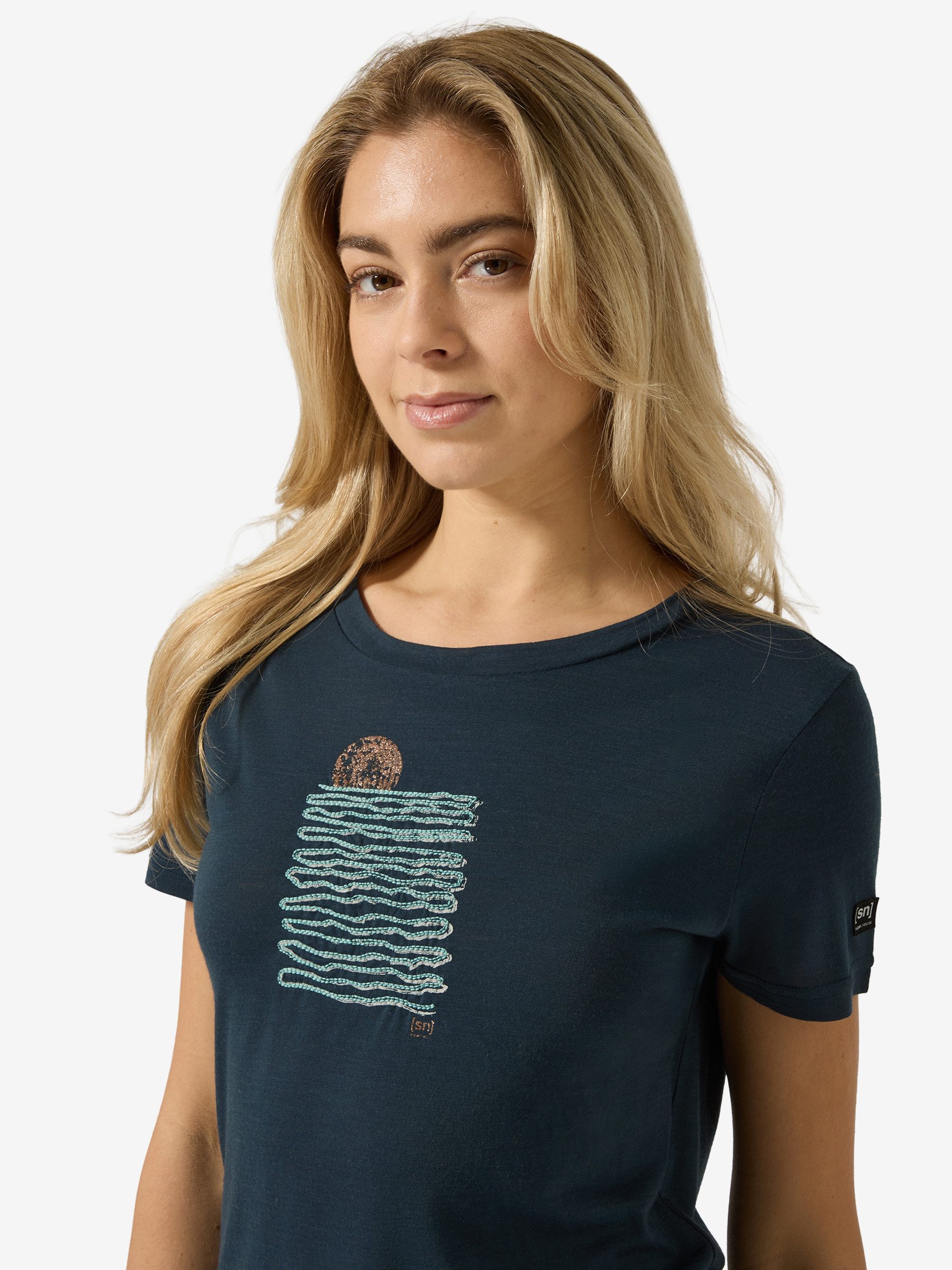 SUPER.NATURAL T-Shirt für Damen,Merino W SEA LINE TEE mit Sommer-Motiv, atmungsaktiv