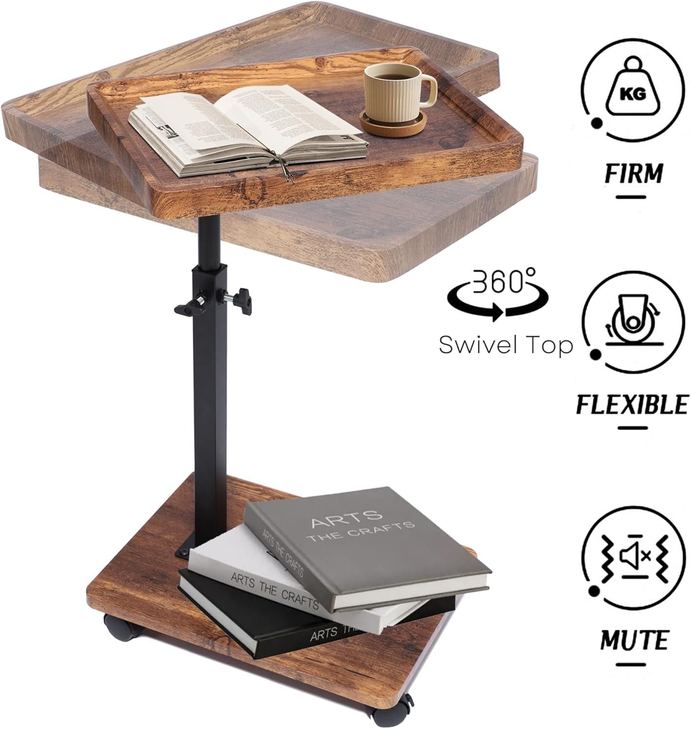 Refined Living Beistelltisch Verstellbarer C-förmiger Beistelltisch,Couchtisch,Sofatisch mit Rollen (Höhenverstellbar 45–80 cm, mit 360° drehbar, Couchtisch kle – Bild 4 von 5