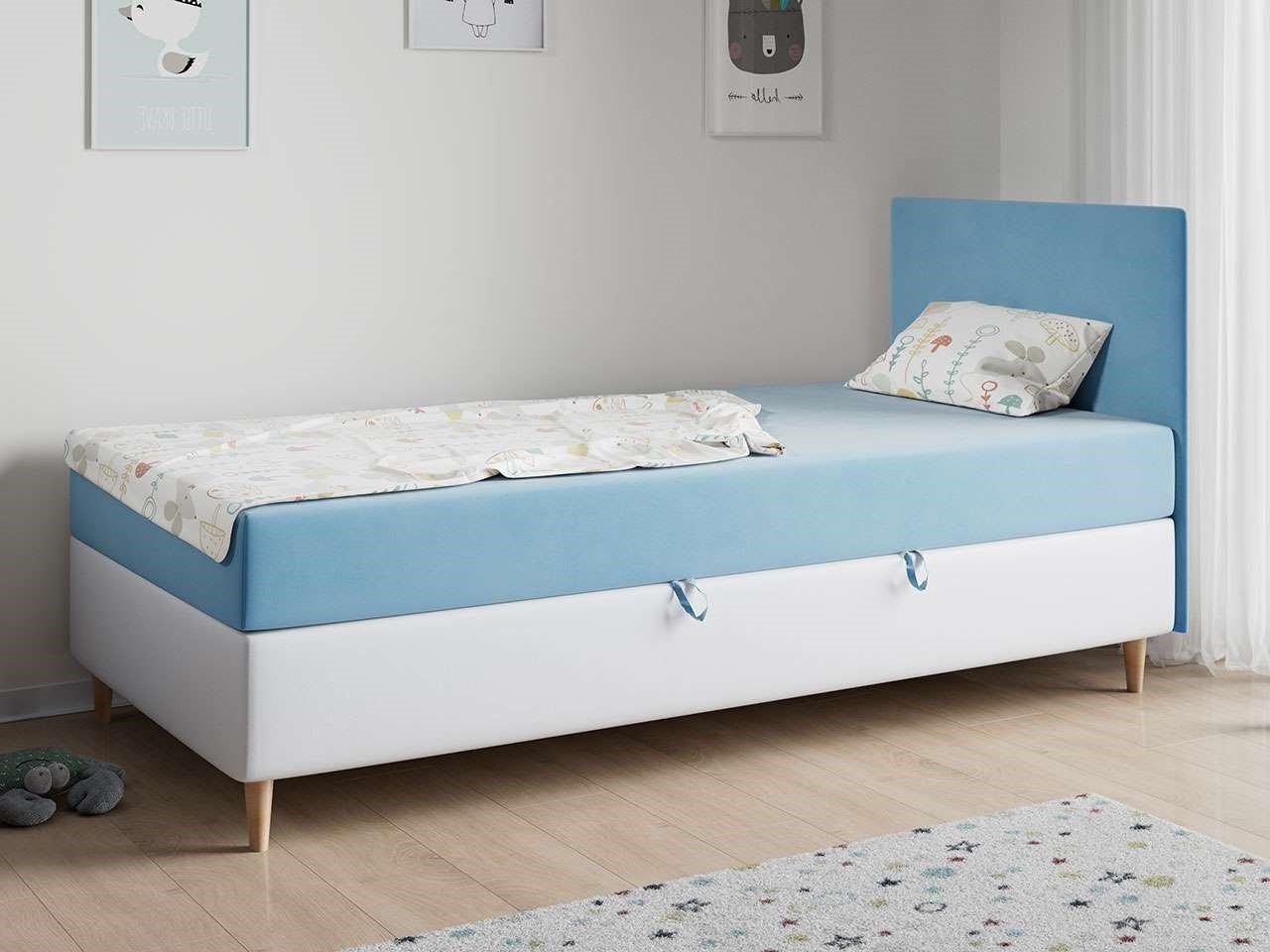 MKS MÖBEL Kinderbett ZUZA 1, Einzelbett für Kinderzimmer und Jugendzimmer - 90x200, Polsterbett Blau und Weiss