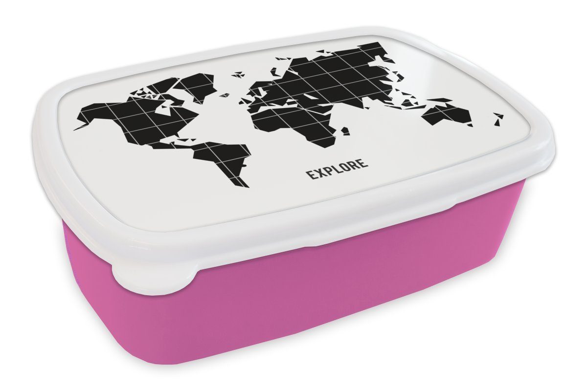 MuchoWow Lunchbox Weltkarte - Trendy - Schwarz, Kunststoff, (2-tlg), Brotbox für Erwachsene, Brotdose Kinder, Snackbox, Mädchen, Kunststoff rosa