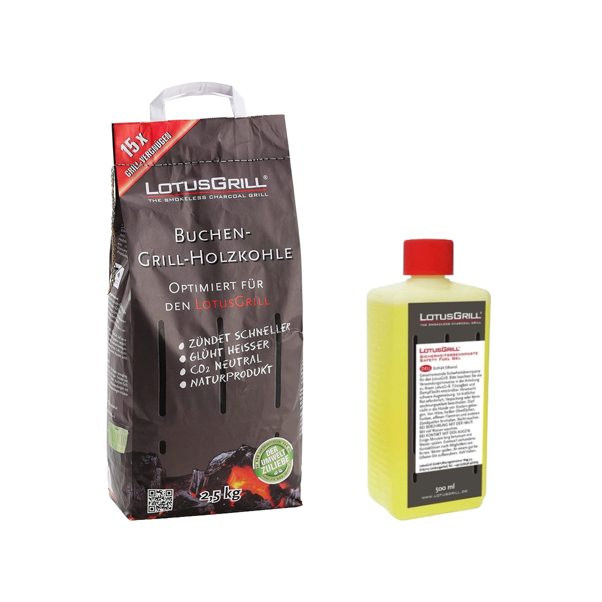 LotusGrill Holzkohlegrill LotusGrill Buchenholzkohle 2,5 kg Sack inkl. Brennpaste 500 ml