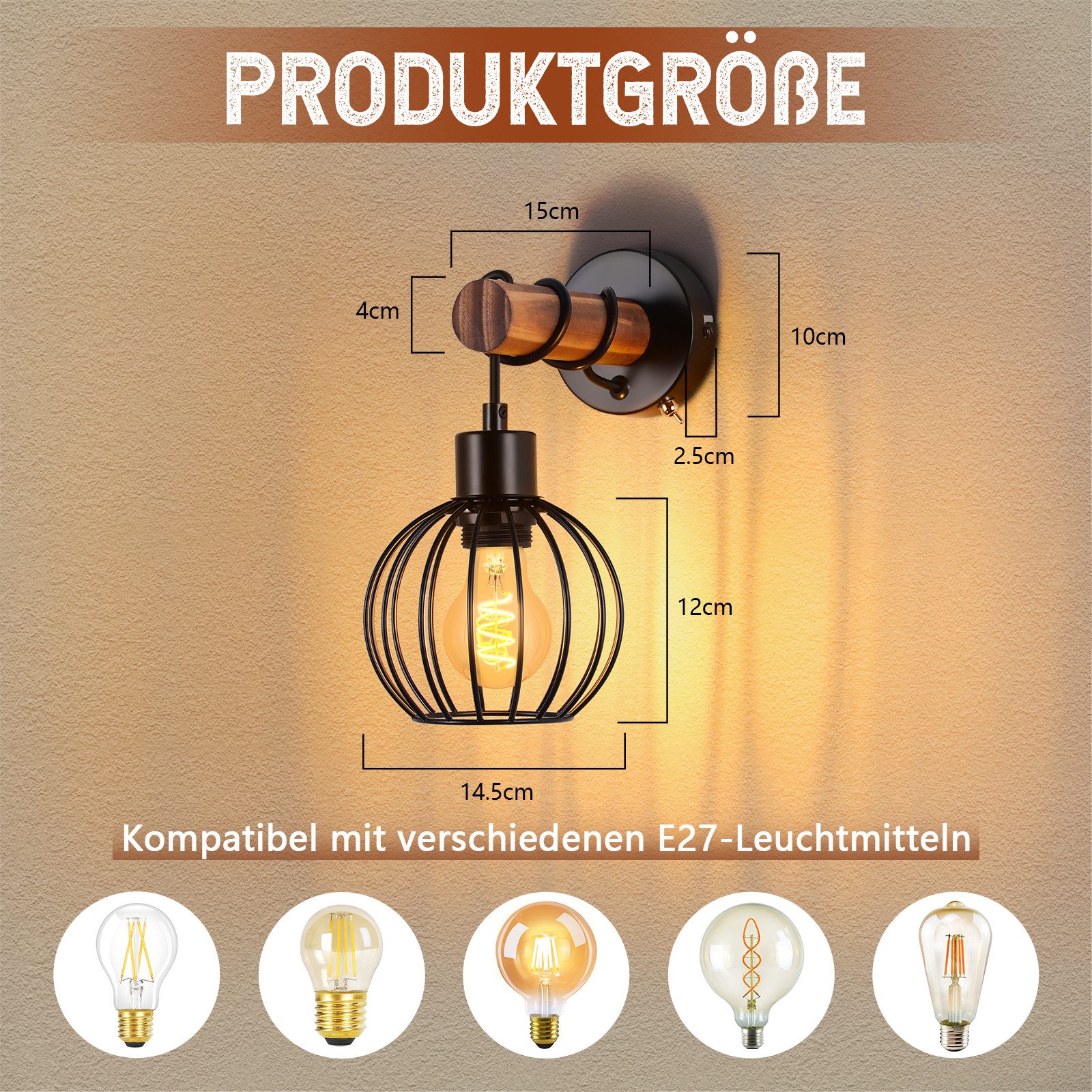 ZMH Wandleuchte Retro Wandleuchte Holz Innen Wandlampe Vintage mit Schalter günstig online kaufen