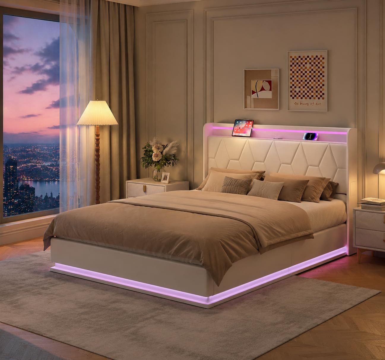 Simurq Polsterbett 160x200cm LED RGB USB Samt Weiß (USB-Ladeanschluss), RGB‑LED,USB,Samt,Weiß,Lattenrost
