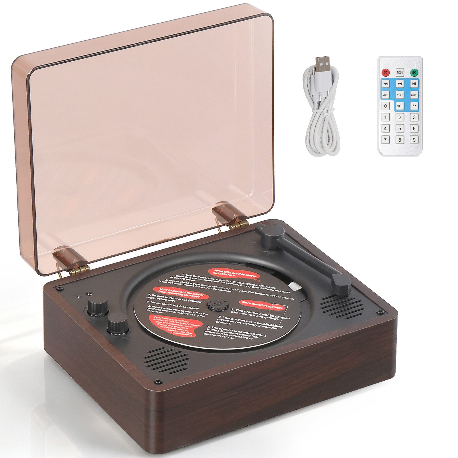 LALAHO Retro Koffer‑CD‑Player mit Bluetooth, 10W Dual‑Stereo‑Lautsprecher Stereo-CD Player (USB‑AUX‑Kopfhöreranschluss, Fernbedienung, Tragbarer CD‑Spieler)