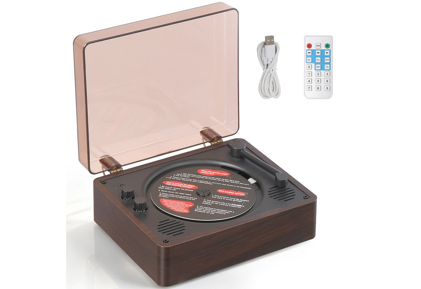 LALAHO Retro Koffer‑CD‑Player mit Bluetooth, 10W Dual‑Stereo‑Lautsprecher Stereo-CD Player (USB‑AUX‑Kopfhöreranschluss, Fernbedienung, Tragbarer CD‑Spieler)