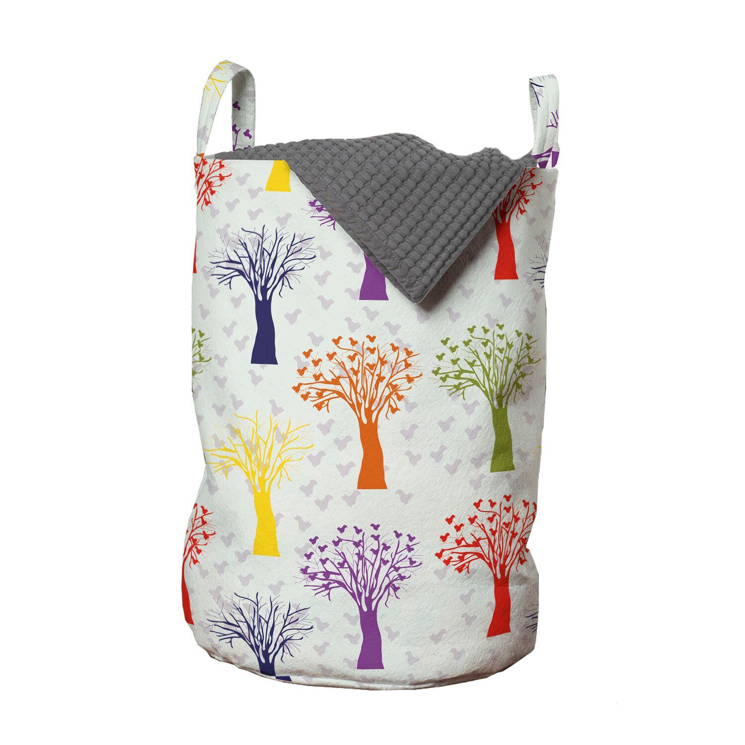 Abakuhaus Wäschesäckchen Wäschekorb mit Griffen Kordelzugverschluss für Waschsalons, Natur Sparrows und bunte Bäume