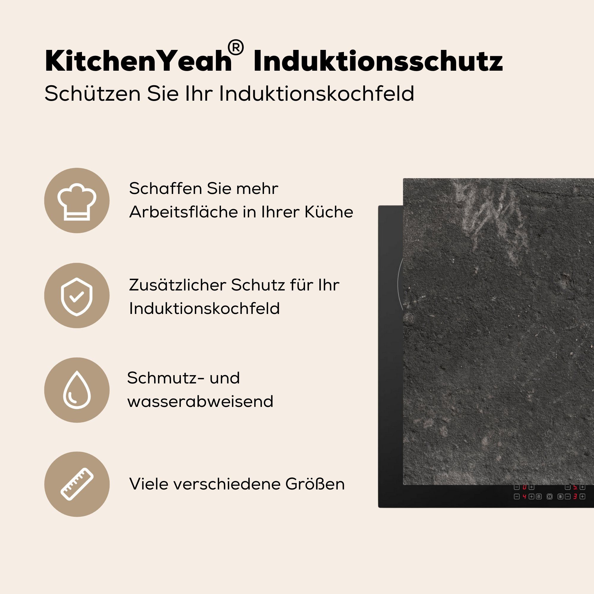 MuchoWow Herdblende-/Abdeckplatte Beton - Schwarz für (1 - 78x78 küche Ceranfeldabdeckung, tlg), Arbeitsplatte cm, Formen, Vinyl