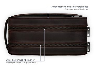 PURE Leather Studio Kulturbeutel ATLAS XL Schokolade, Handgefertigte Kulturtasche aus Rindsleder Echtleder Waschtasche zum Reisen