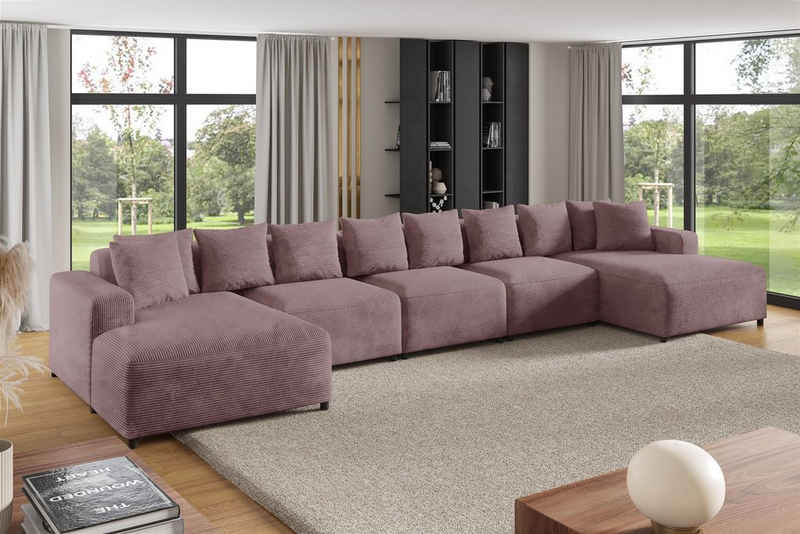 Fun Möbel Wohnlandschaft Sofa U-Form MEGAN XL in Stoff Poso, inkl. Zierkissen, Rücken echt bezogen