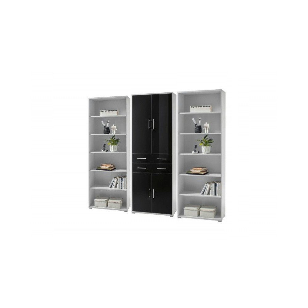 möbel-direkt.de Büromöbel-Set Office Line Lux in Platingrau mit lackierten Fronten in Graphit, (Komplett Set, 5-tlg., Winkelschreibtisch, Rollcontainer, Regalwand,  Sideboard), lackierten Graphit-Glasfronten, abschließbar