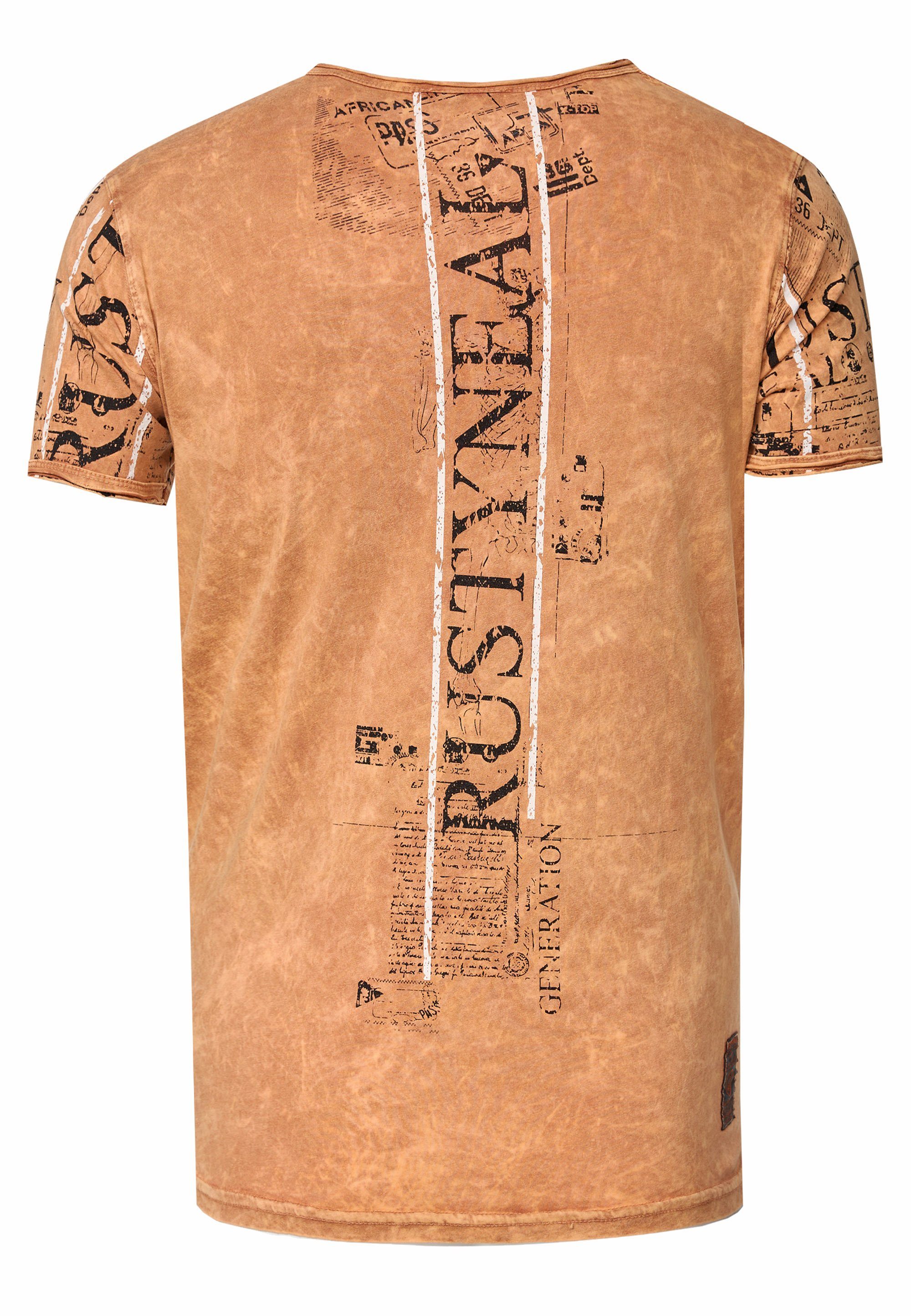 Rusty Neal T-Shirt im Used-Look Allover-Print mit camelfarben