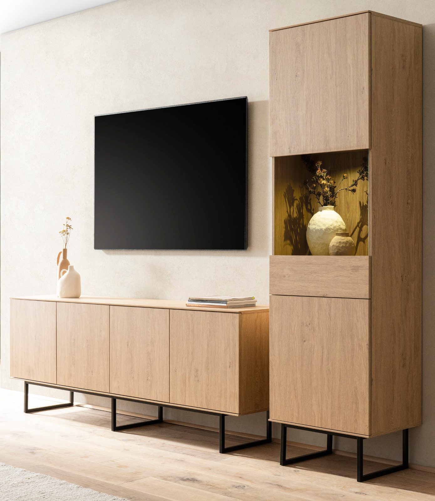 Furn.Design Wohnwand Breda, (Wohnkombination in Stone Eiche, Set 2-teilig, 270 x 200 cm), mit Push-To-Open-Funktion
