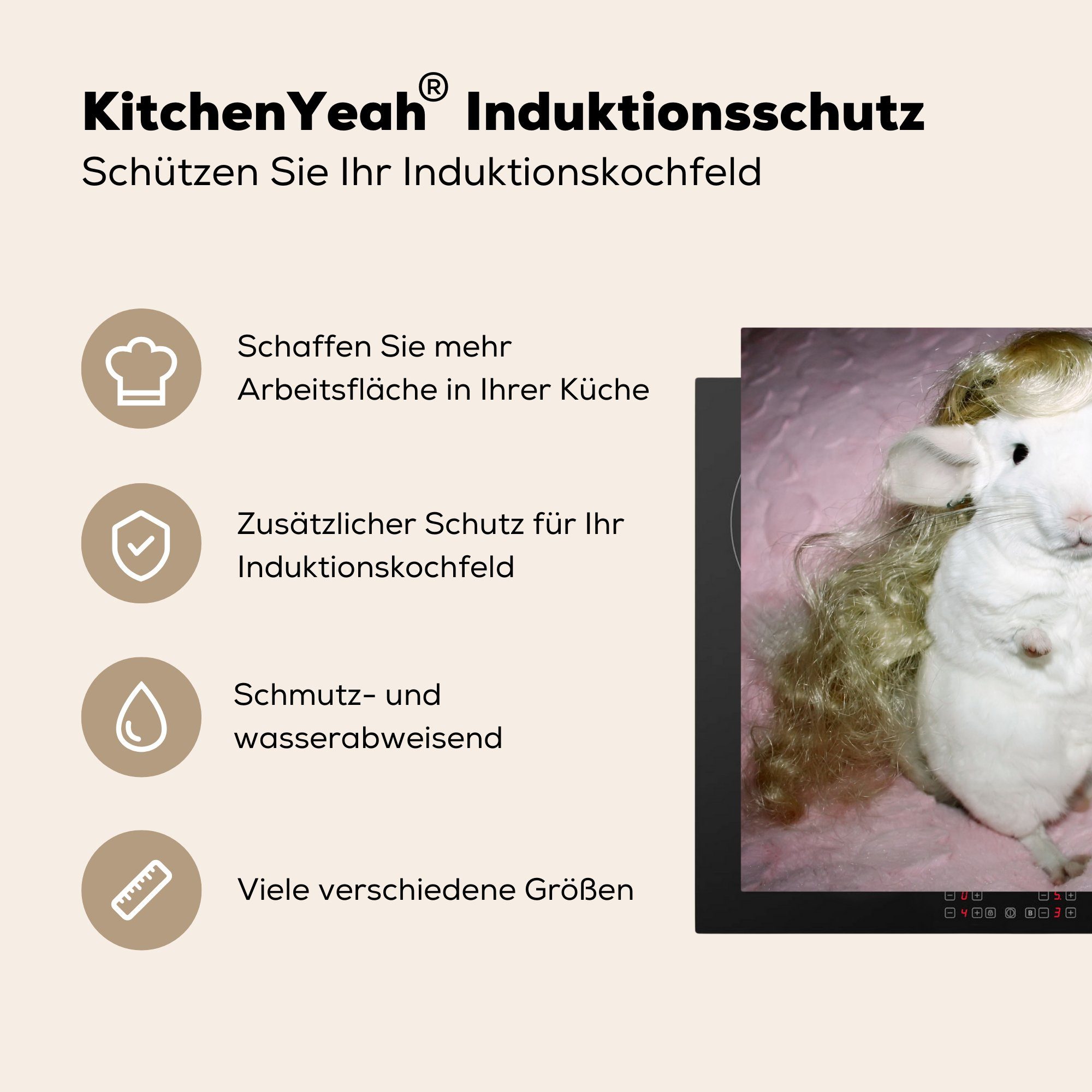 mit Arbeitsfläche tlg), Vinyl, Ceranfeldabdeckung Herdblende-/Abdeckplatte (1 cm, blonder nutzbar, Ein Chinchilla Puppenperücke, MuchoWow Mobile 60x52