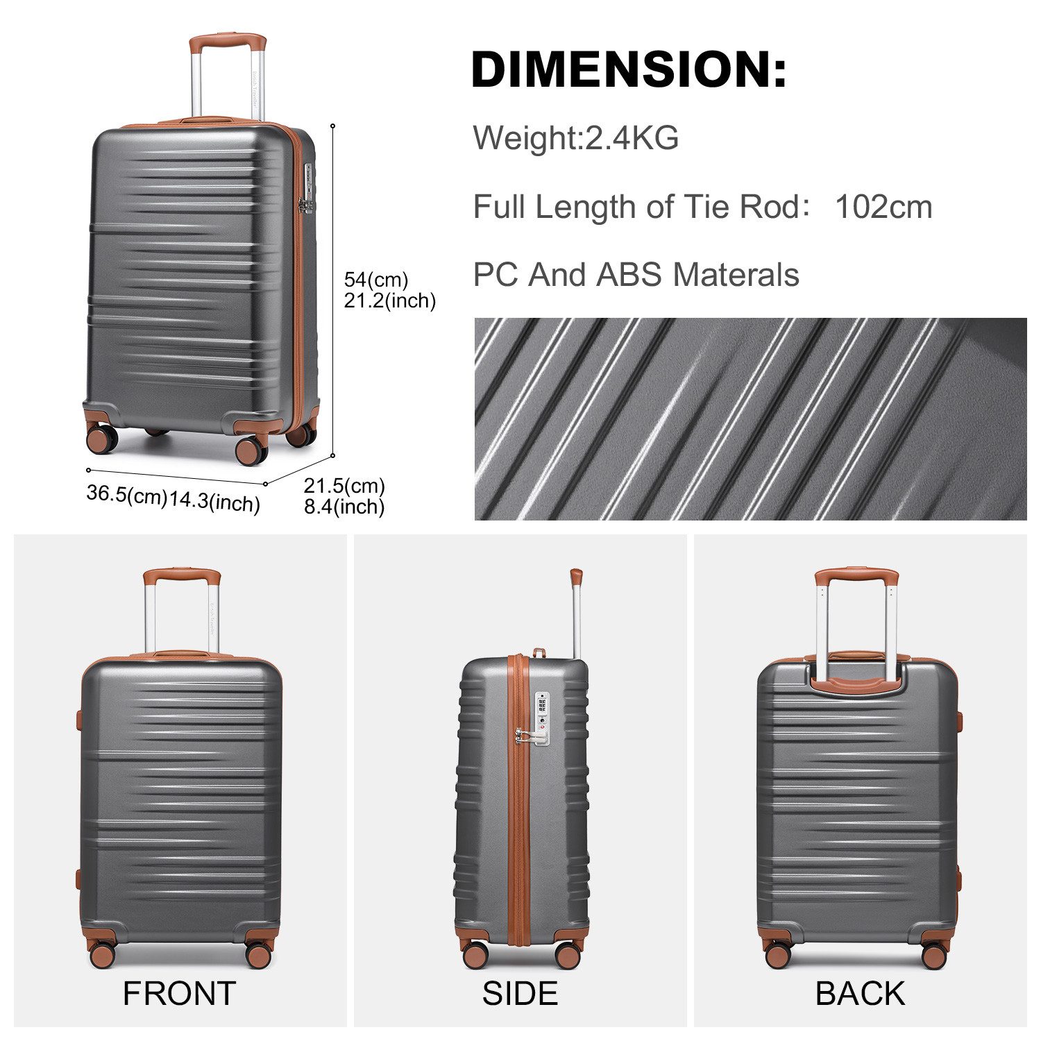 British Traveller Hartschalen-Trolley Reisekoffer Hartschalenkoffer mit 8 Spinnerrädern, TSA-Schloss, ABS+PC