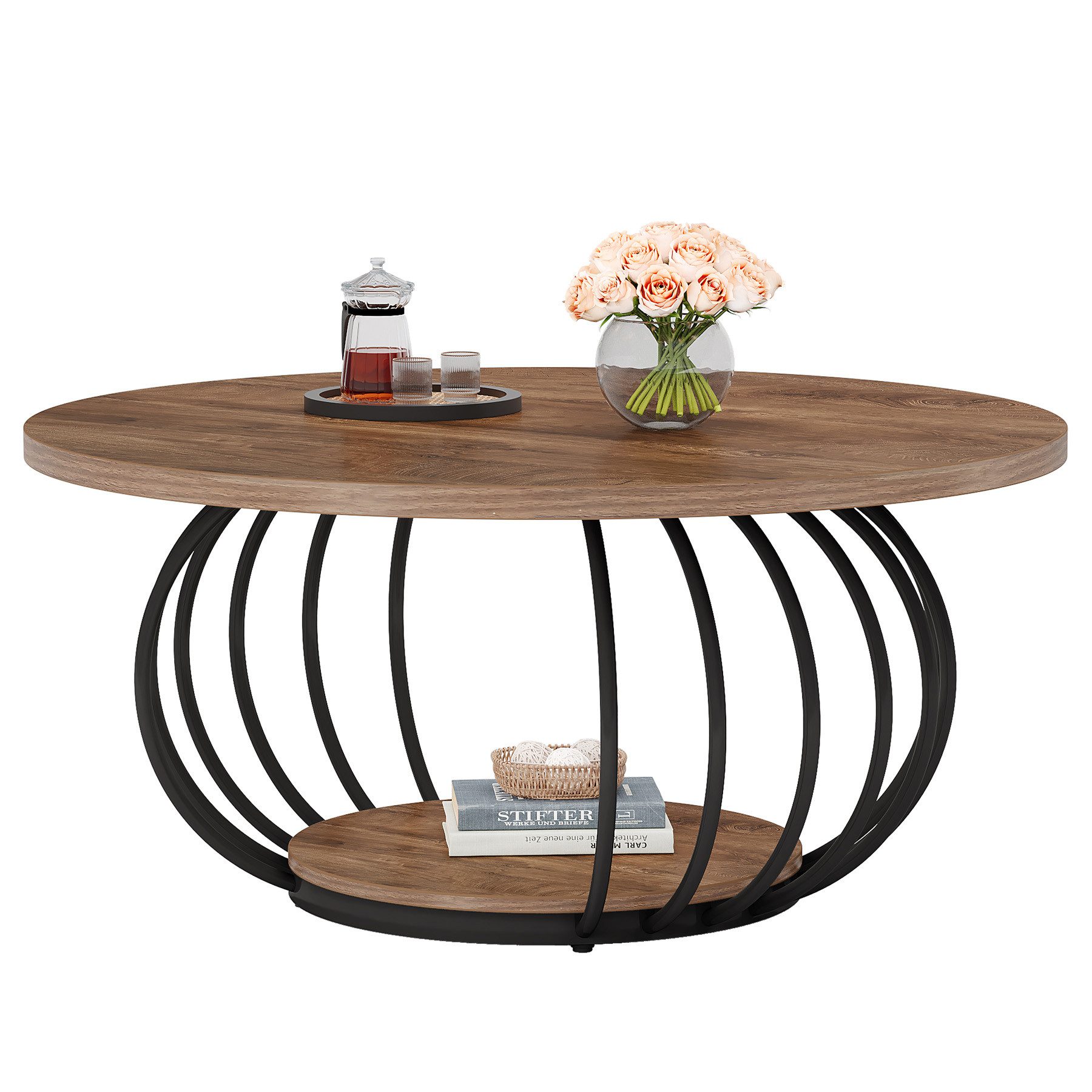 Tribesigns Couchtisch 100 cm Runder Wohnzimmertisch mit Stauraum, 2-stöckiger Metallrahmen