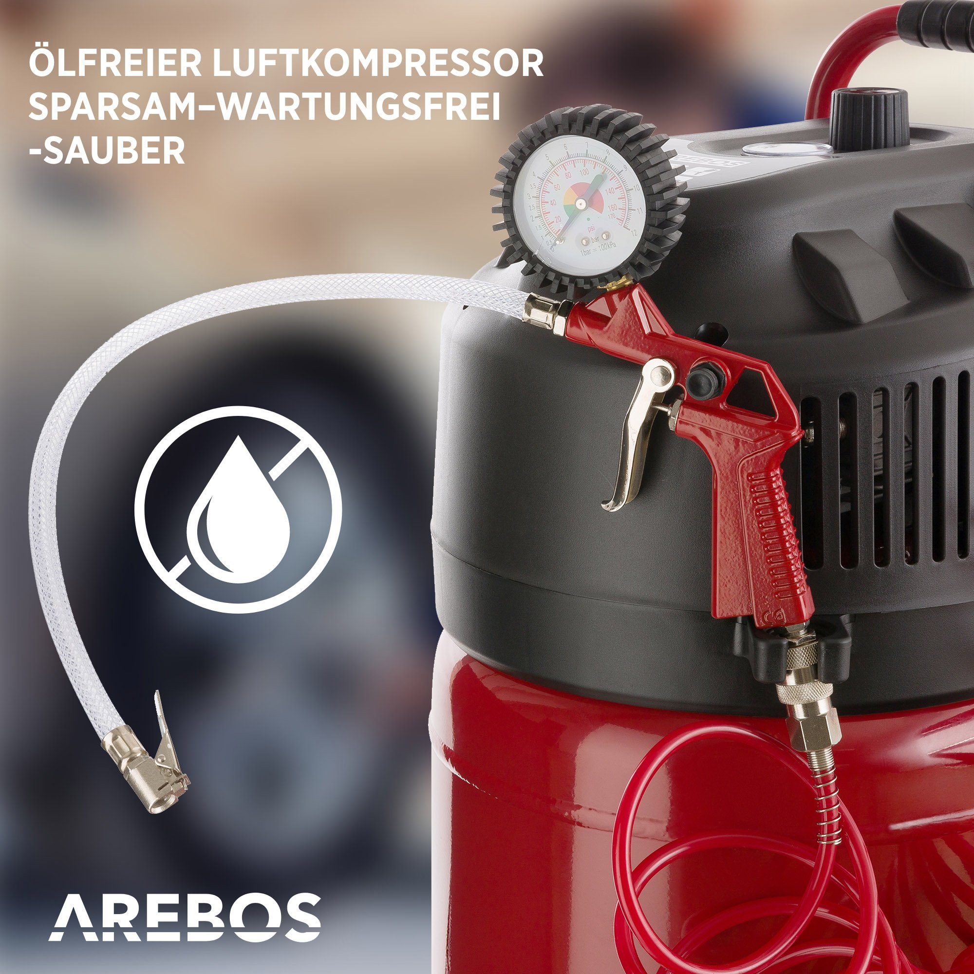 Arebos Kompressor Druckluftkompressor, Luftkompressor, inkl. 13-tlg. Zubehör, 1500 W, max. 10,00 bar, 50,00 l, Luftkompressor 50 L, 14-tlg., Set, stehend