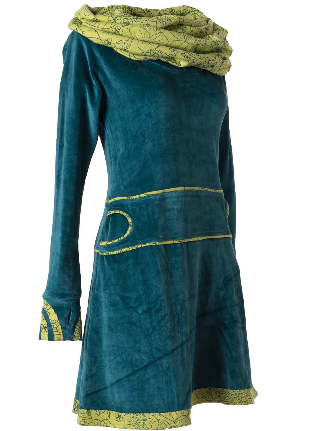 Vishes Midikleid Samtkleid warm mit großem Kapuzenkragen Ethno, Hippie, Goa, Elfen Style – Bild 3 von 5