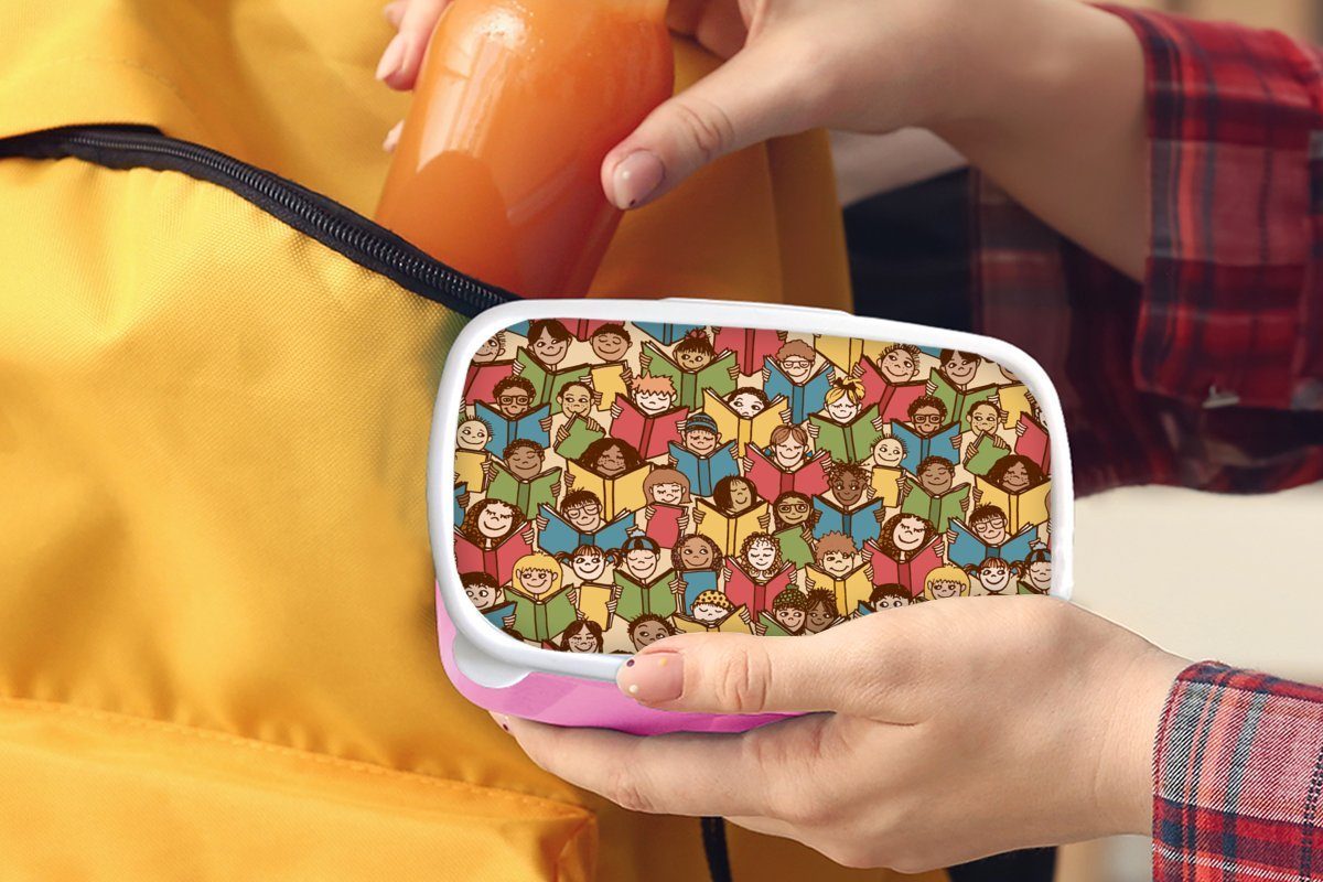 MuchoWow Lunchbox Muster - für Jungen Kinder, Kinder (2-tlg), Kunststoff, Buch Erwachsene, Lesen Brotdose rosa Junge, - - - - Kunststoff Snackbox, Mädchen, Brotbox Kleiner