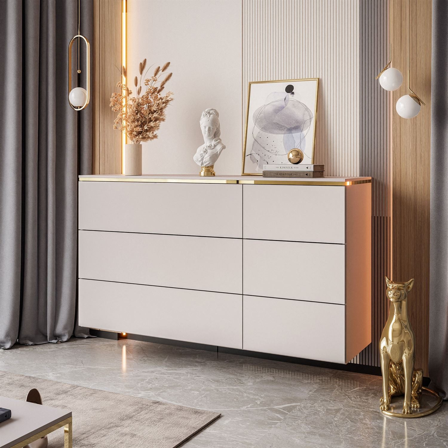 Lookway Kommode AURORA 6S in Kaschmir mit goldener Leiste, Breite: 138 cm, Tiefe: 40 cm – Bild 2 von 5