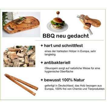 Olivenholz-erleben Schneidebrett Burgerbrett rustikal 30-34 cm plus Dipschale, (1-St), antibakterielle Wirkung, rutschfeste Schale, lebensmittelecht