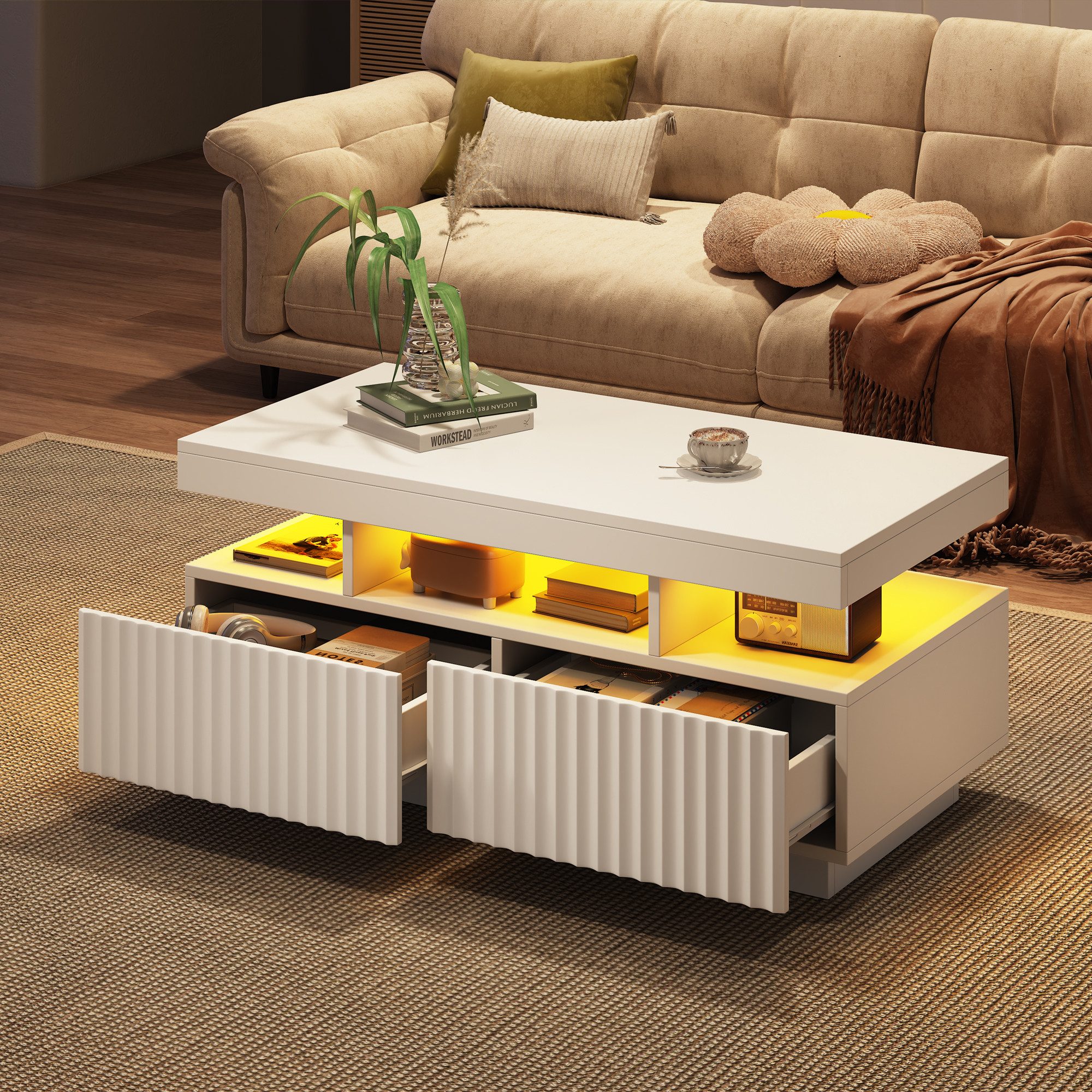 OKWISH Couchtisch Teetisch mit Vertikal gestreifter (Packung, 1-St., zwei Schubladen), mit LED-Lichtleiste