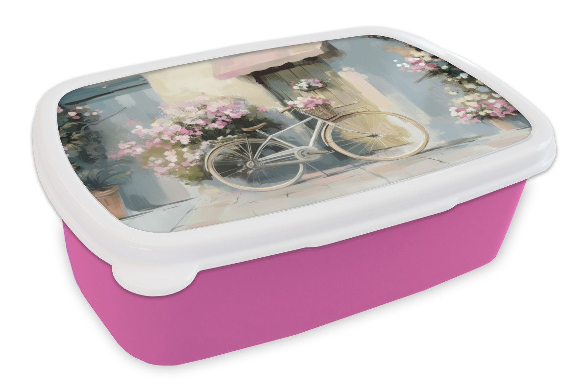 MuchoWow Lunchbox Fahrrad - Pastellfarben - Blumen, Kunststoff, (2-tlg), Brotdosen, Lunch Box, Brotbox für Kinder und Erwachsene