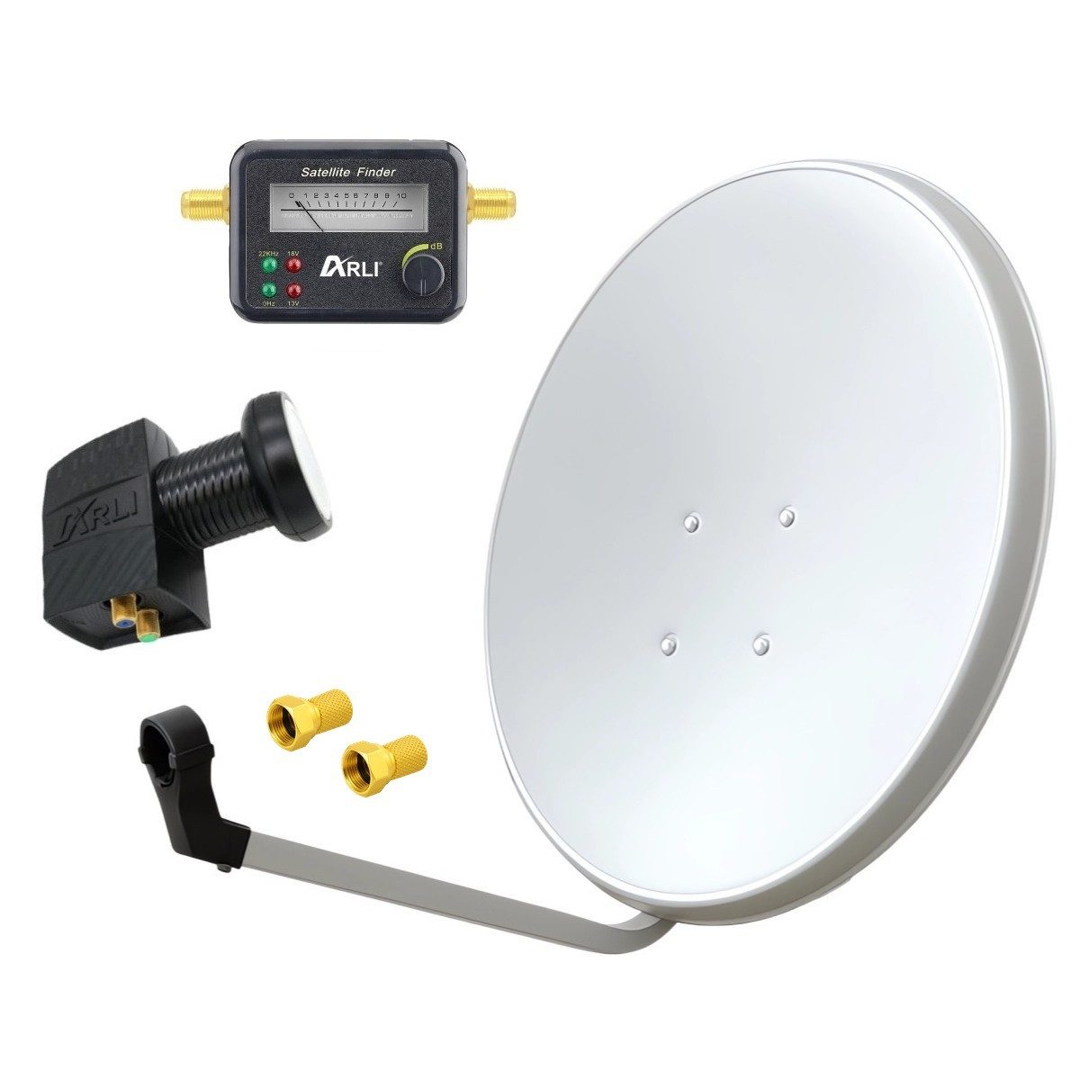 ARLI 60 cm HD Sat Anlage weiss + Twin LNB + Satfinder SAT-Antenne (60 cm, Stahl, 2 F-Stecker Digital 2 Teilnehmer Antenne Weiss UHD 4K)