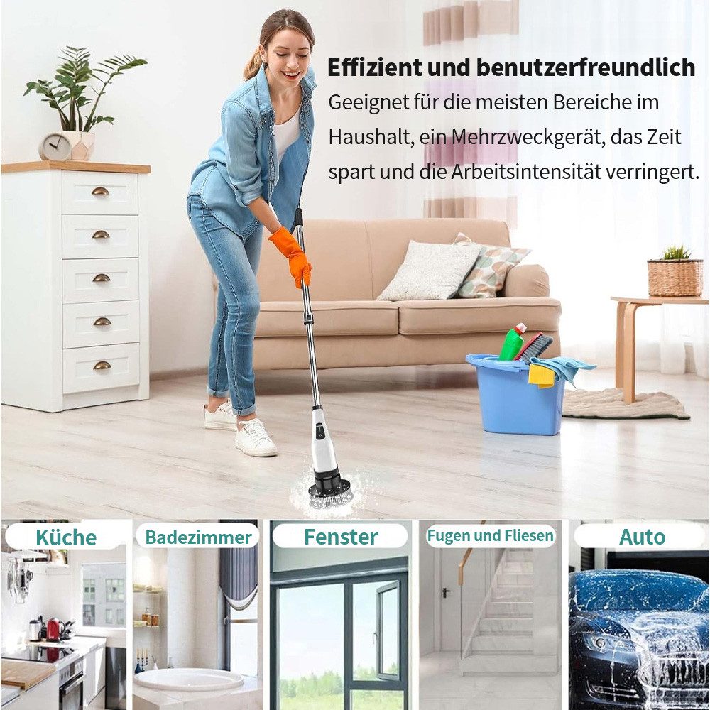 AKKEE Reinigungsbürste Elektrische Reinigungsbürste mit 8 Austauschbaren Bürstenköpfen, Fliesen, Boden, Glas, Auto, mit 8 austauschbaren Bürstenköpfen