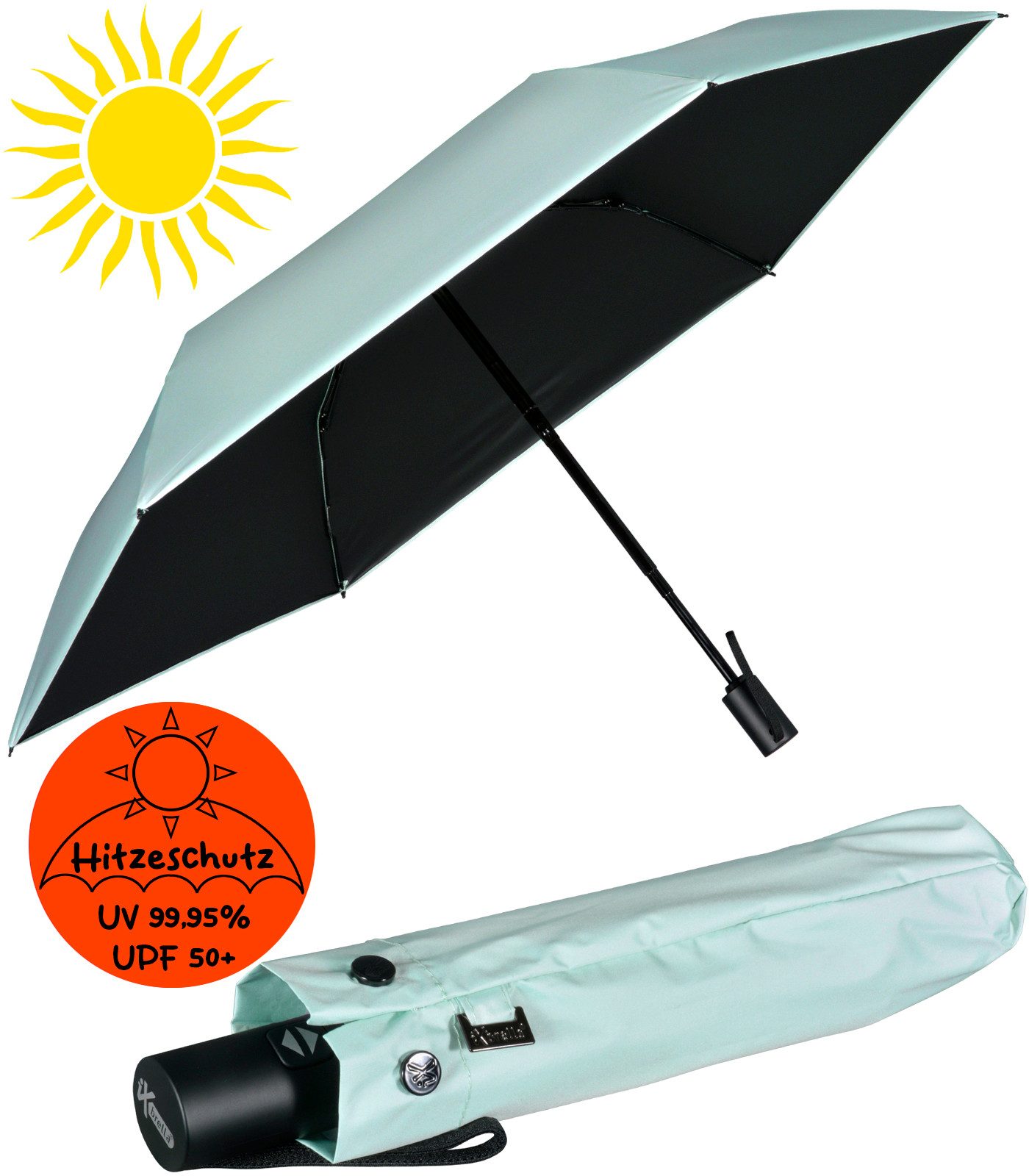 iX-brella Taschenregenschirm Sonnen-Regenschirm mit UPF 50+, UV-Hitze-Schutz, für Damen, mit Auf-Zu-Automatik, innen schwarz