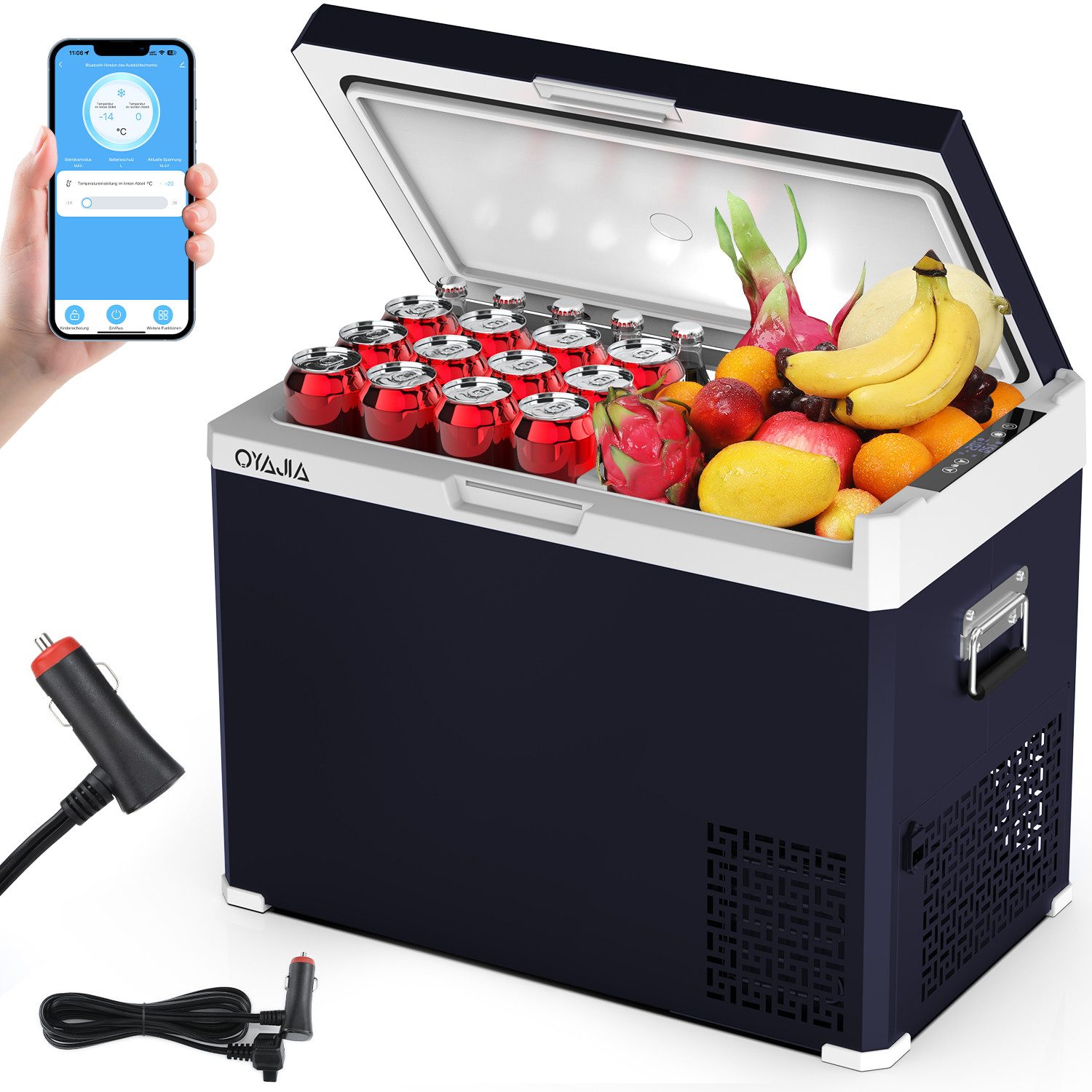 oyajia Elektrische Kühlbox Kompressor Gefriertruhe mobiler Kühlschrank, Kühltruhe, Gefrierbox, 40 l, Dual-Zone (20°C bis +20°C), 12V/24V/230V, APP Steuerung, Trennwand
