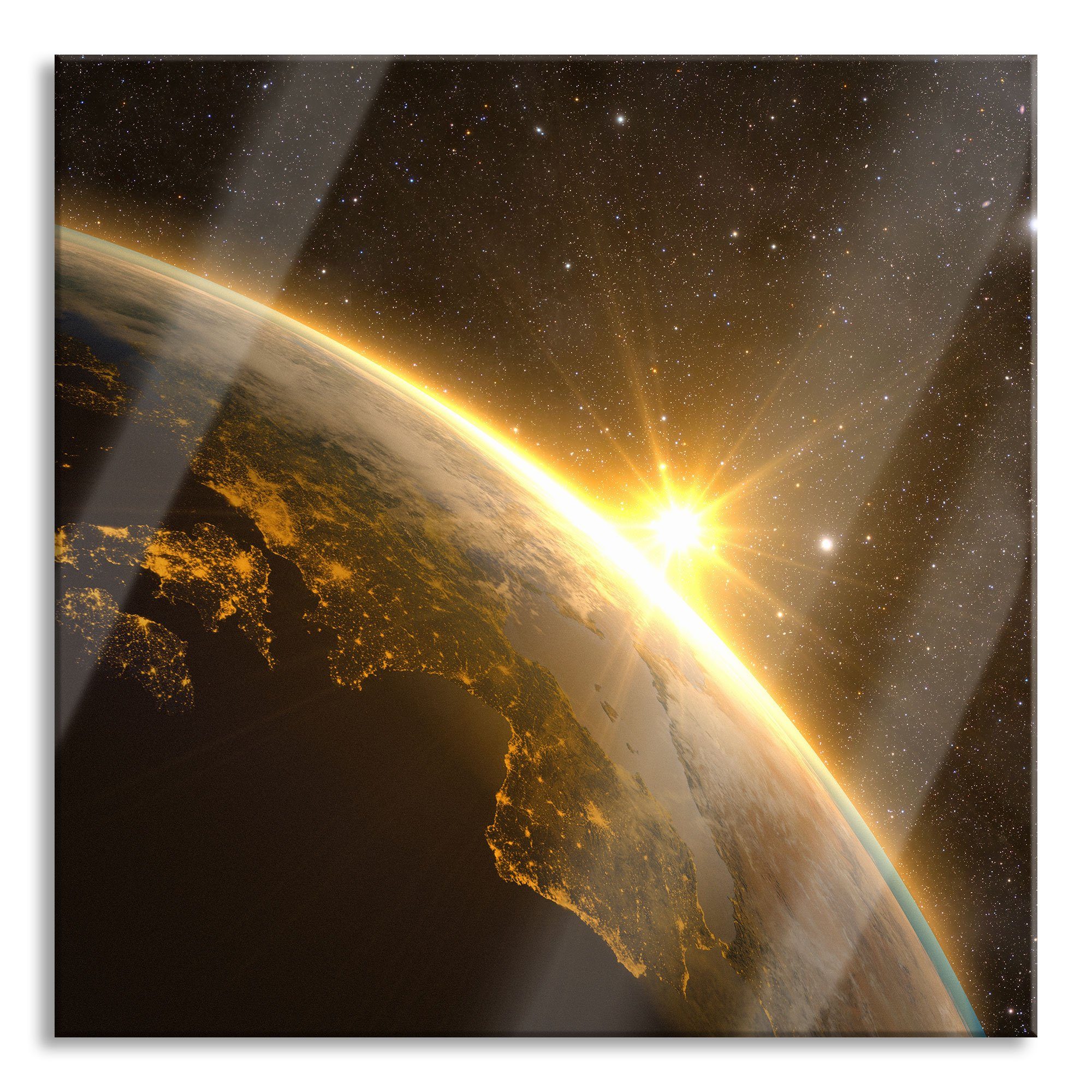 Glasbild Die Sonne und Erde im Weltall