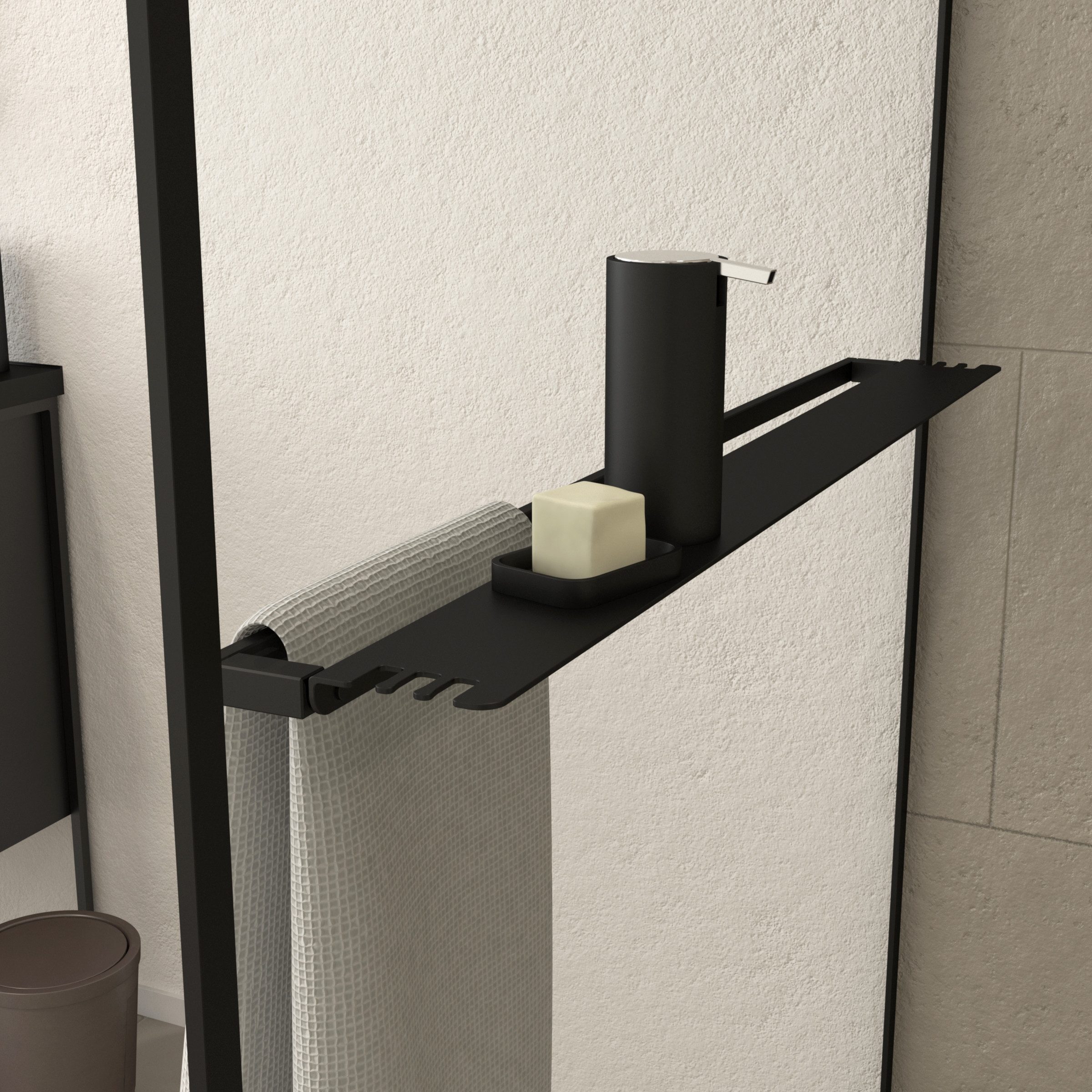 Marwell Walk-in-Dusche Black Frame Shelf, Einscheibensicherheitsglas, mit ausziehbarem Handtuchhalter, hochwertige Aluminiumrahmen