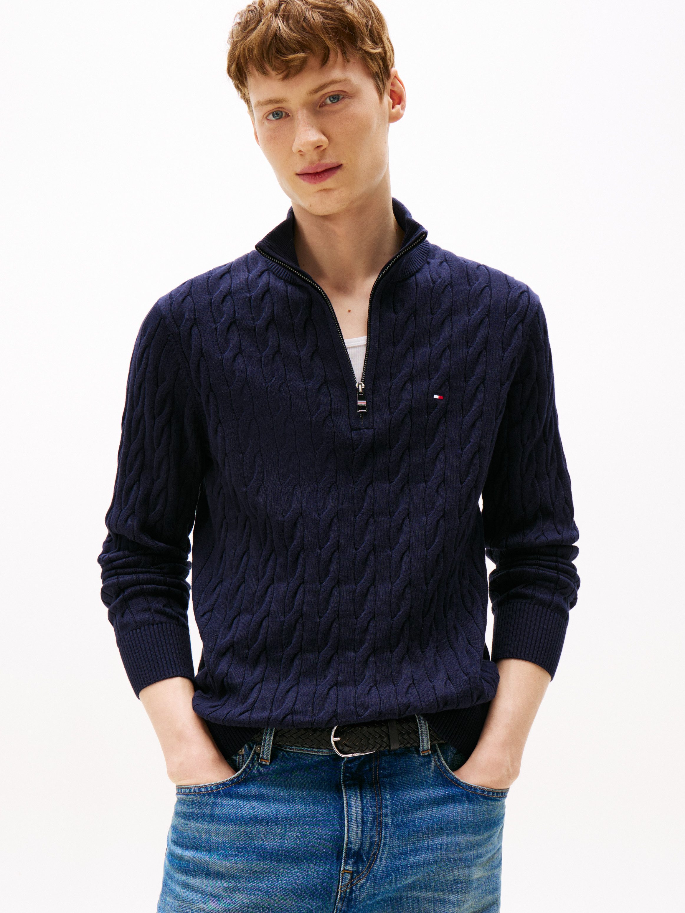 Tommy Hilfiger Strickpullover CLASSIC COTTON CABLE ZIP MOCK mit modischem Zopfmuster