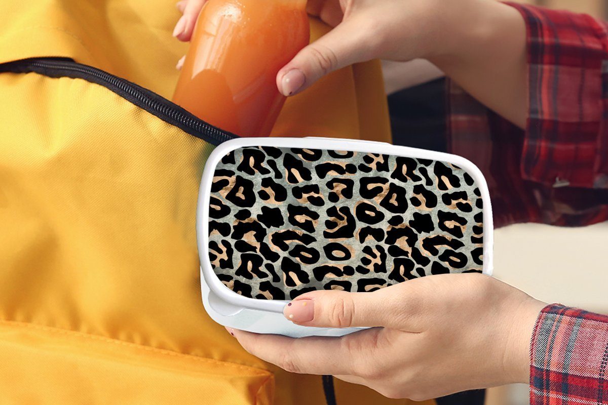 MuchoWow Lunchbox Pantherdruck - Luxus, Jungs und Schwarz Kinder (2-tlg), Mädchen weiß Braun und Kunststoff, - für für Brotbox Brotdose, Erwachsene, 