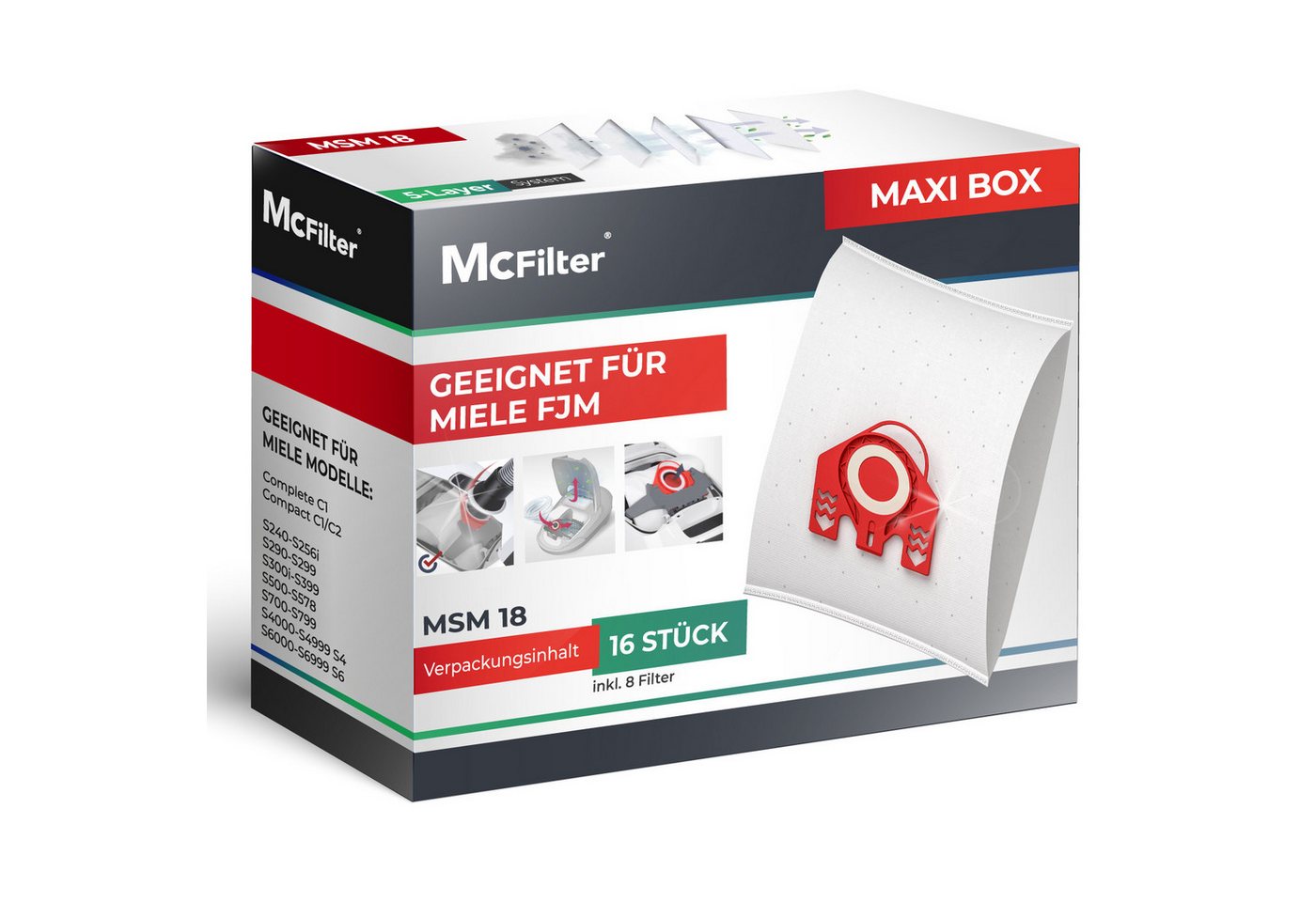 McFilter Staubsaugerbeutel >MAXI BOX< (16+8) passend für Miele FJM Serie, passend für S2, S3, S4, S5, S6, S7, Complete C1, Compact C1/C2, wie 10408420, 16 St., 5-lagiges Mikrovlies, inkl. 8 Filter, Alternativ zu 9917710