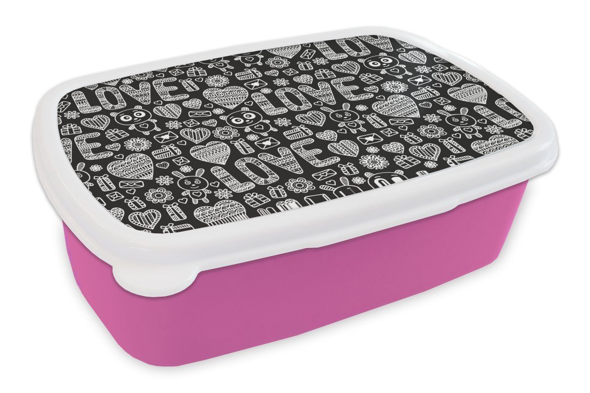 MuchoWow Lunchbox Liebe - Weiß, rosa (2-tlg), Mädchen, Erwachsene, Kunststoff, Kinder, Brotdose Kunststoff Brotbox Muster - für - Snackbox, Schwarz
