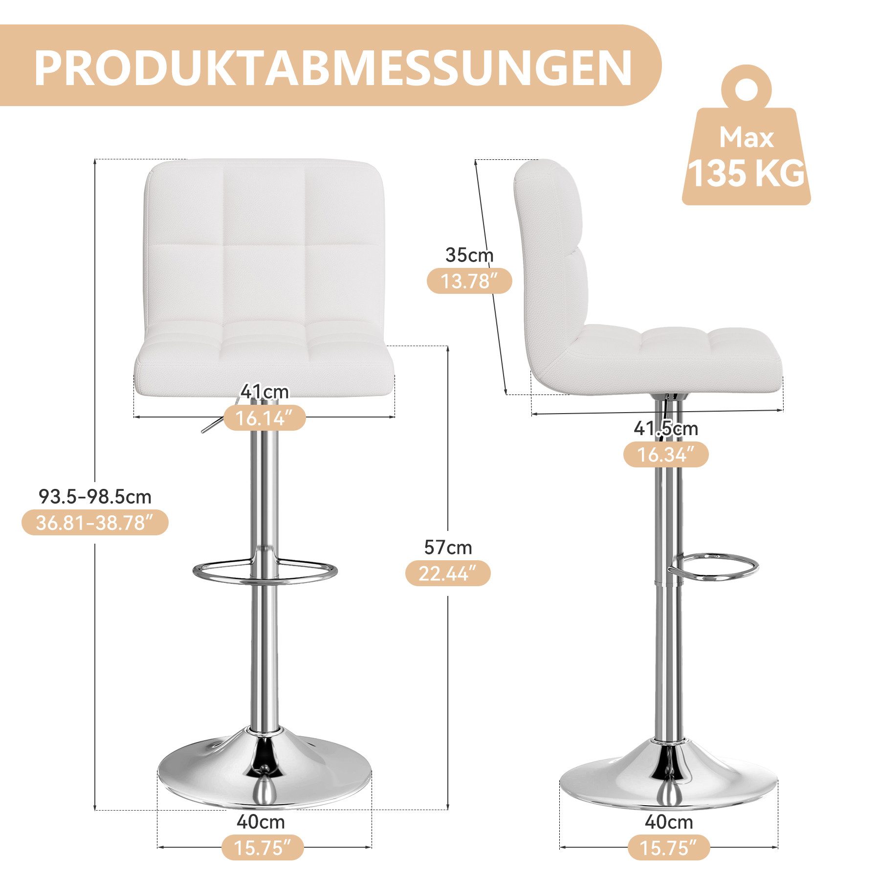 HawthyHome Barhocker Bistrohocker aus Kunstleder mit Rückenlehne und Fußstütze (2 St), Weiß