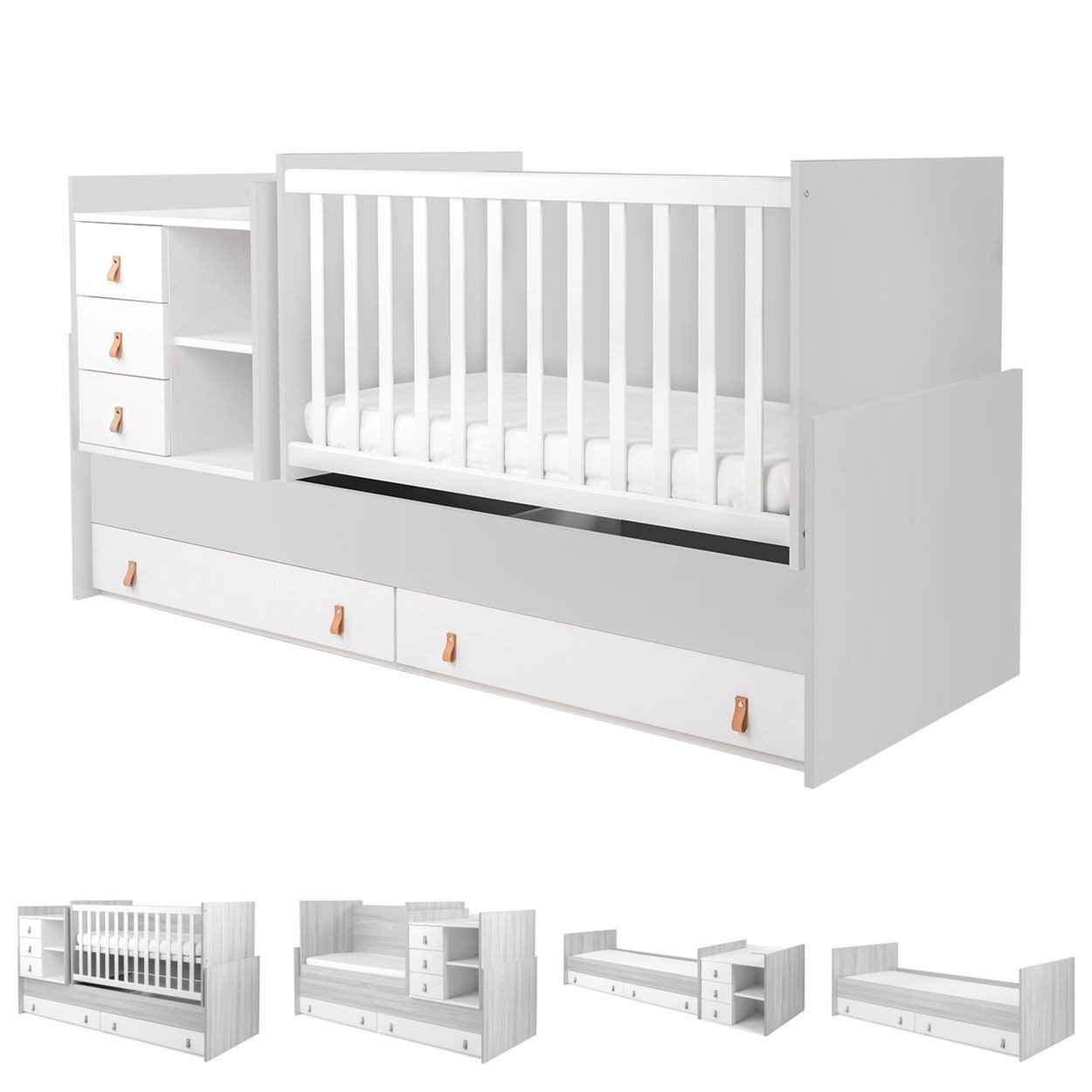 Kikkaboo Komplettbett Babybett Lorena 4 in 1 Kommode, Schaukelfunktion Schreibtisch Jugendbett