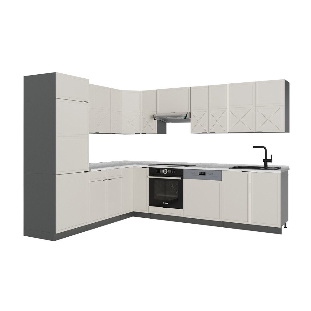 Vicco Winkelküche Fame-Line, GrauBeige/Anthrazit/Anthrazit, 227 x 287 cm, AP Marmor