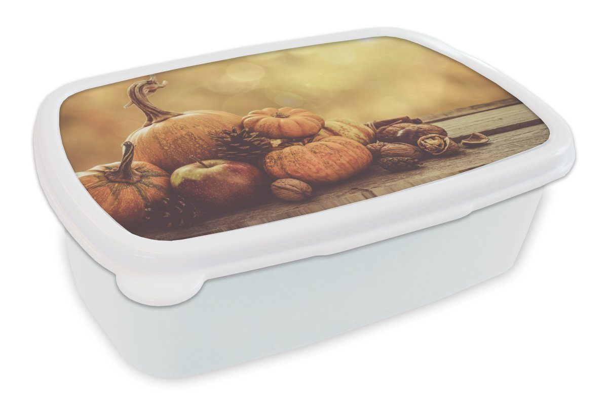 MuchoWow Lunchbox Kürbis - Herbst - Tannenzapfen - Obst - Apfel, Kunststoff, (2-tlg), Brotbox für Kinder und Erwachsene, Brotdose, für Jungs und Mädchen weiß