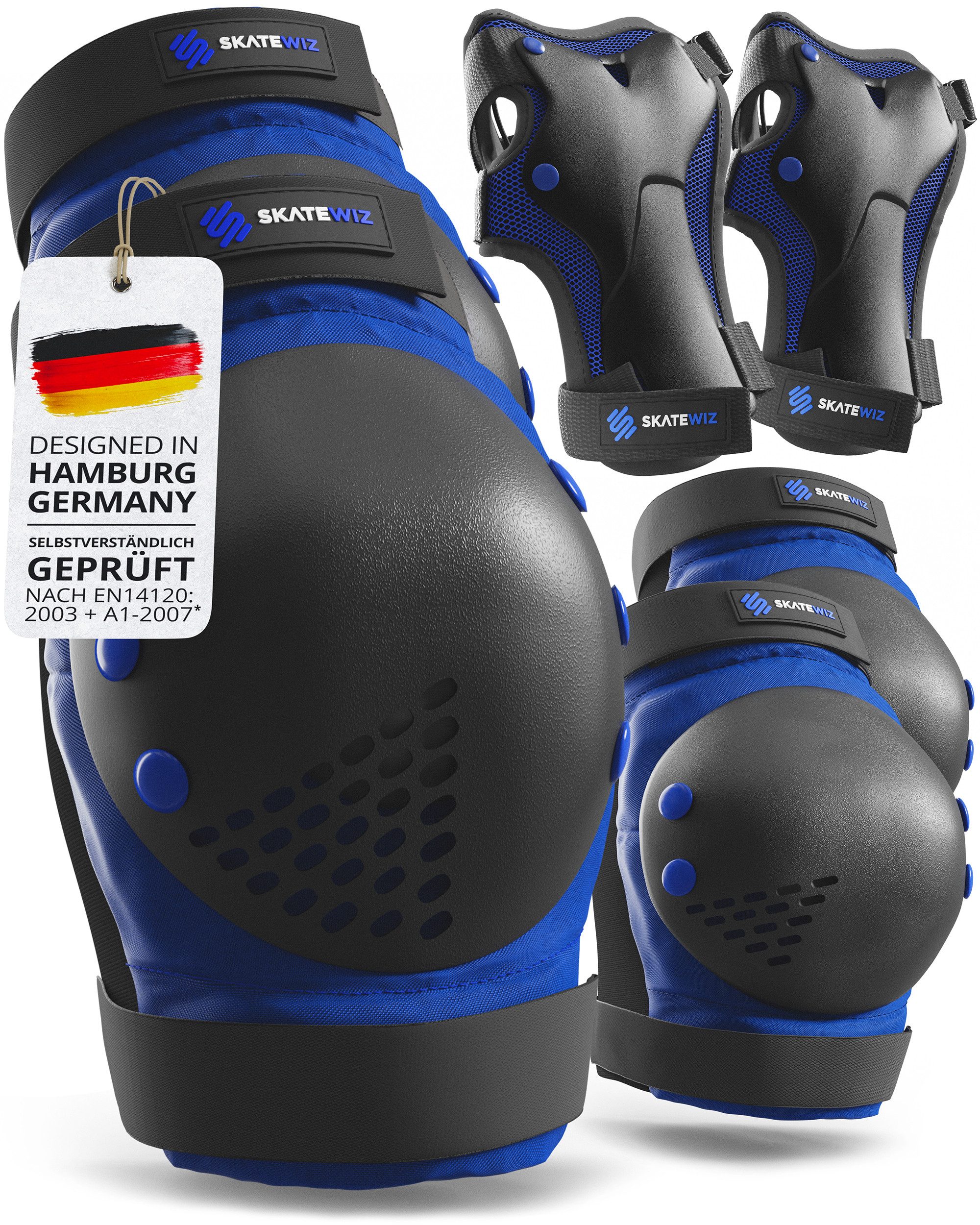 SKATEWIZ Protektoren-Set SMASH Knieschoner Kinder Inliner Schoner Erwachsene Protektoren Set (Schonerset Inliner skates Mädchen Schützer, 6-tlg., Inliner Schoner mit Knie-, Ellenbogen- und Handgelenkschützer), Schützer Inline Skates Kinder Schlittschuhe Schoner