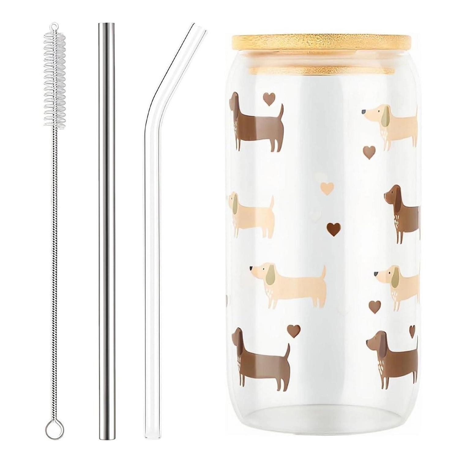 LuxusKollektion Becher Dackel Becher 500ml Glas mit Deckel & Strohhalm, Glas