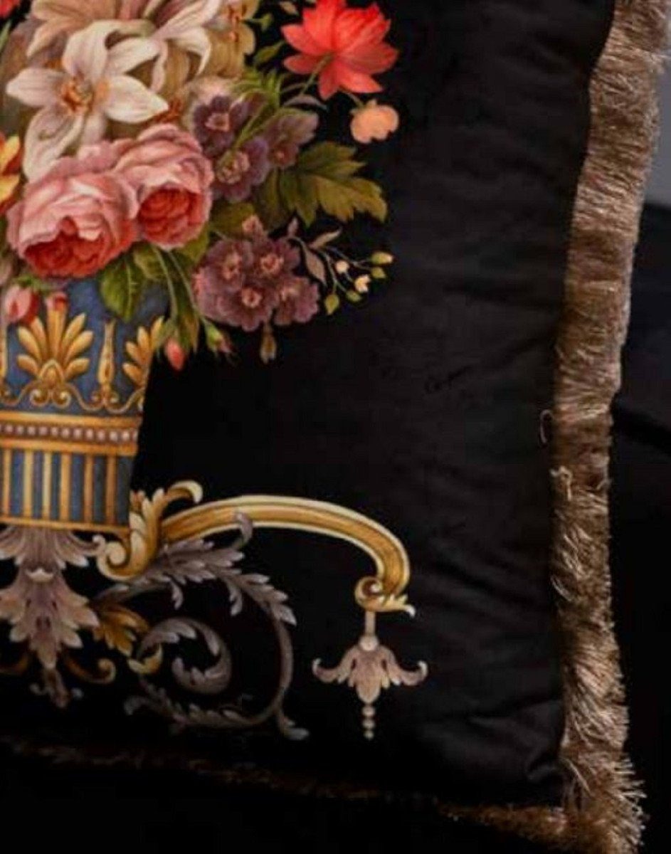 Casa Padrino Dekokissen Luxus / Deko Mehrfarbig Deko Braun / mit Schwarz 45 Fransen cm Barock Blumen 45 Samt Vase - Kissen Kissen Accessoires mit Barock Bedrucktes - x