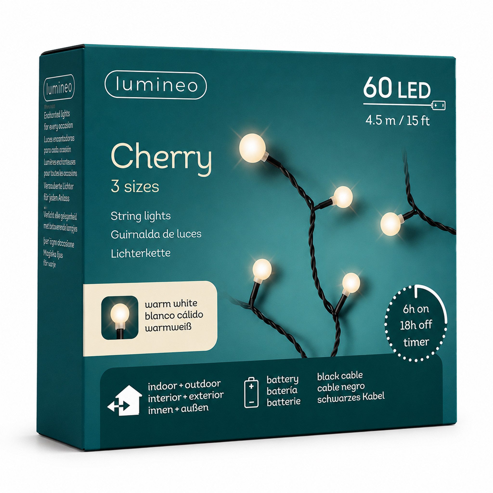 Lumineo LED-Lichterkette, LED Lichterkette Cherry 4,5m Batterie 60 LEDs Warmweiß / Schwarz