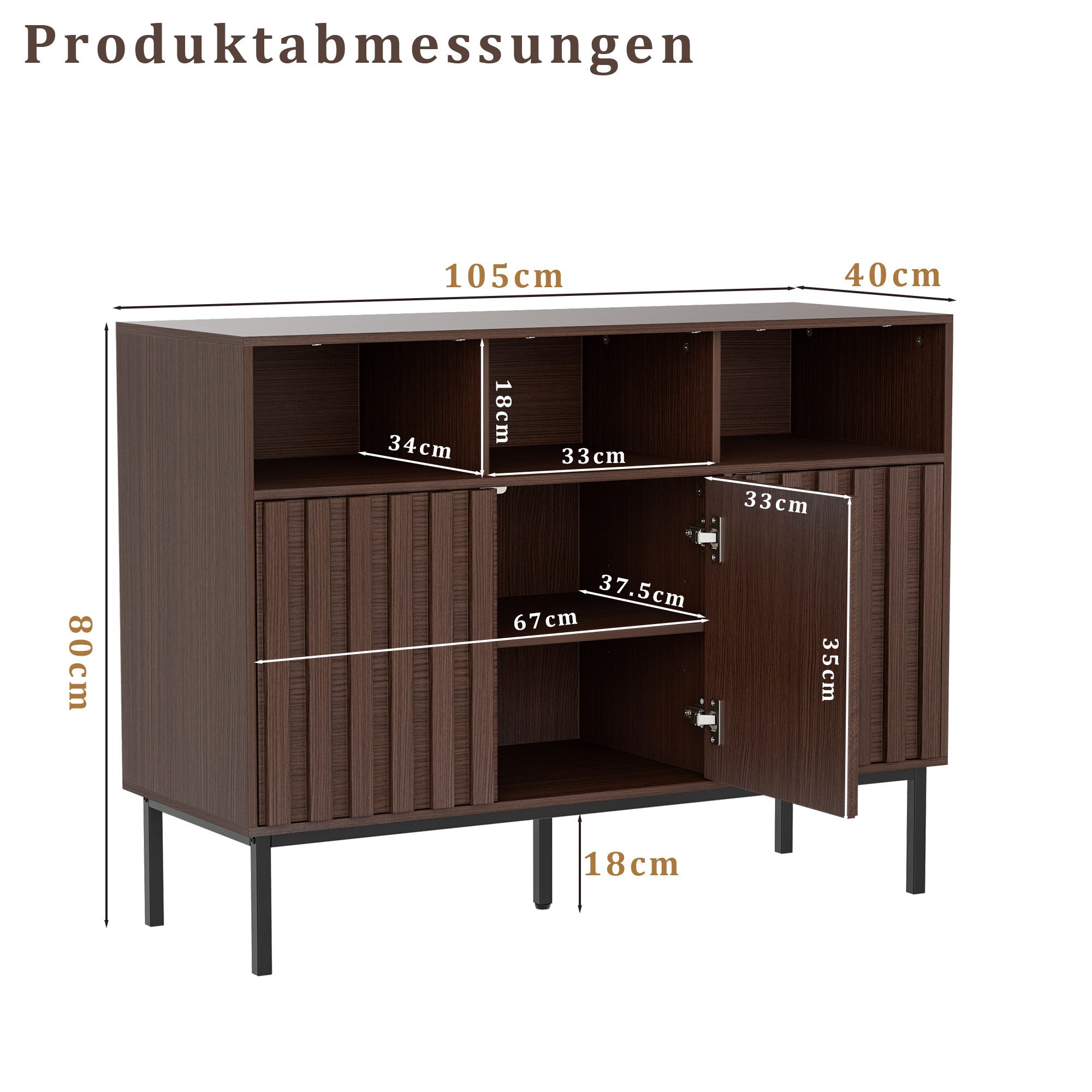 UEV Sideboard Küchenschrank mit 3 Türen & 3 offenen Fächern, Sideboard mit 3 Türen, 105 x 39 x 80cm