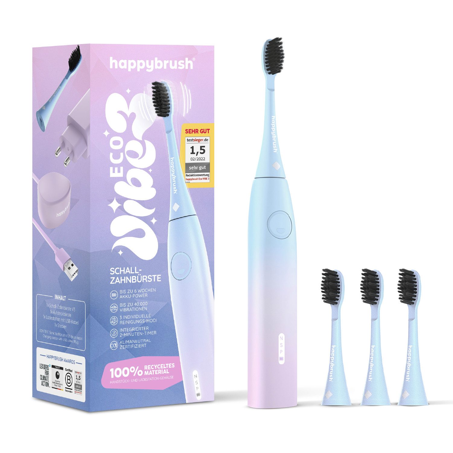 happybrush Schallzahnbürste Eco VIBE 3 Sunrise, Aufsteckbürsten: 4 St., Eco Vibe 3, 3 individuelle Putz-Modi, Schalltechnologie